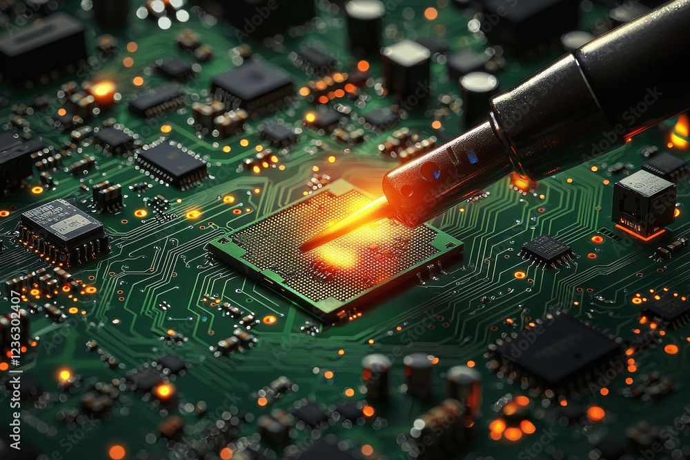 Poster glowing soldering iron tip near green circuit board with intricate electronic components in a focuse