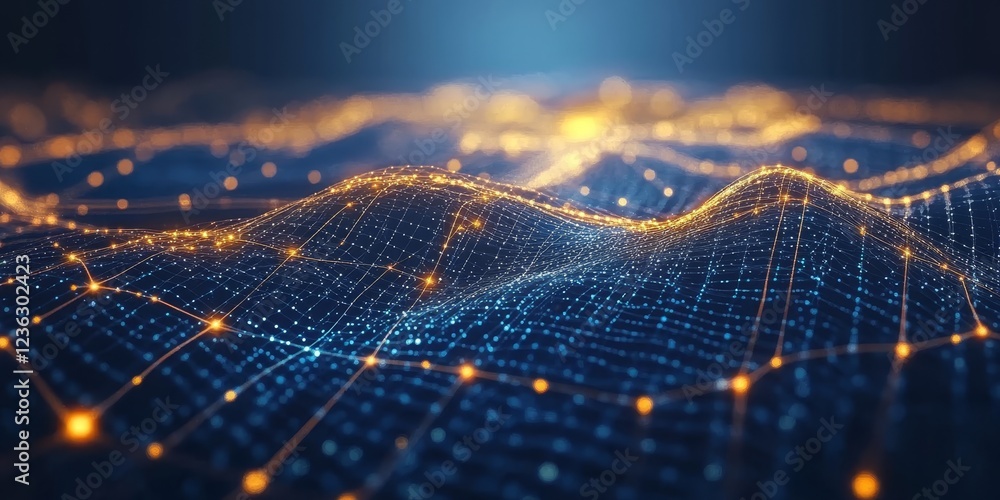 Poster glowing network topography abstract landscape with interconnected nodes and lines, dark background