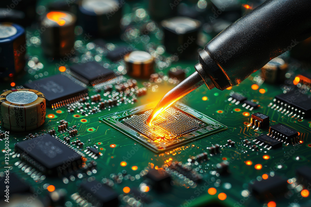 Poster glowing soldering iron tip applied to green circuit board surrounded by electronic components during