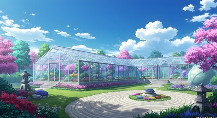 Obraz premium Serene Greenhouse Garden Landscape with Blooming Flowers