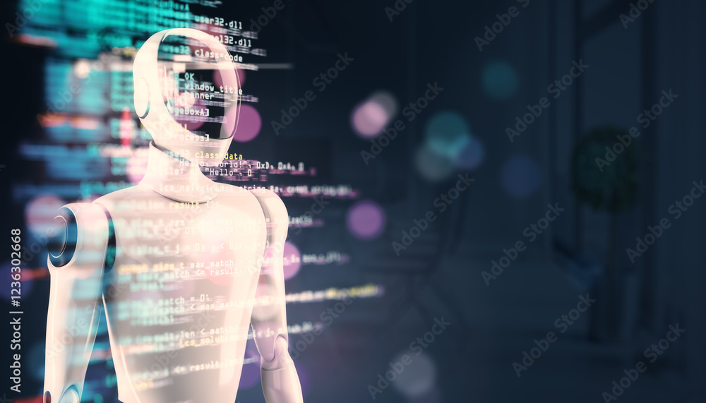 Leinwandbilder Futuristic robotic figure with programming code overlay, blurred modern background. 3D Rendering