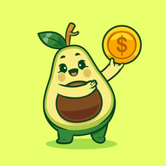 A cute avocado character holding a golden coin with a happy expression on a light green background vector illustration cartoon