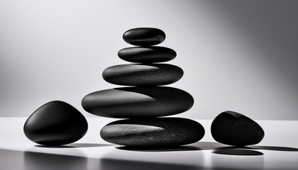 black stones balancing atop each other isolated against a white background grayscale palette shadow casting to suggest weight minimalistic design ultra clear