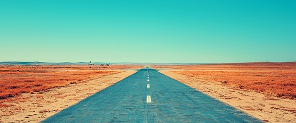 Endless asphalt road cutting through a barren, dry landscape under a clear blue sky.