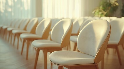 Empty chairs in bright conference room, sunlit, awaiting attendees; business meeting, event preparation