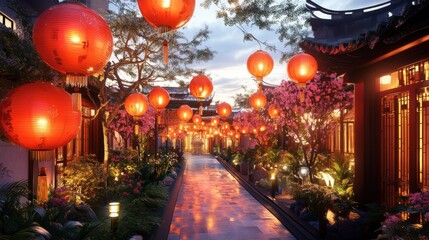 A vibrant dragon dance parade winding through a bustling street adorned with red lanterns