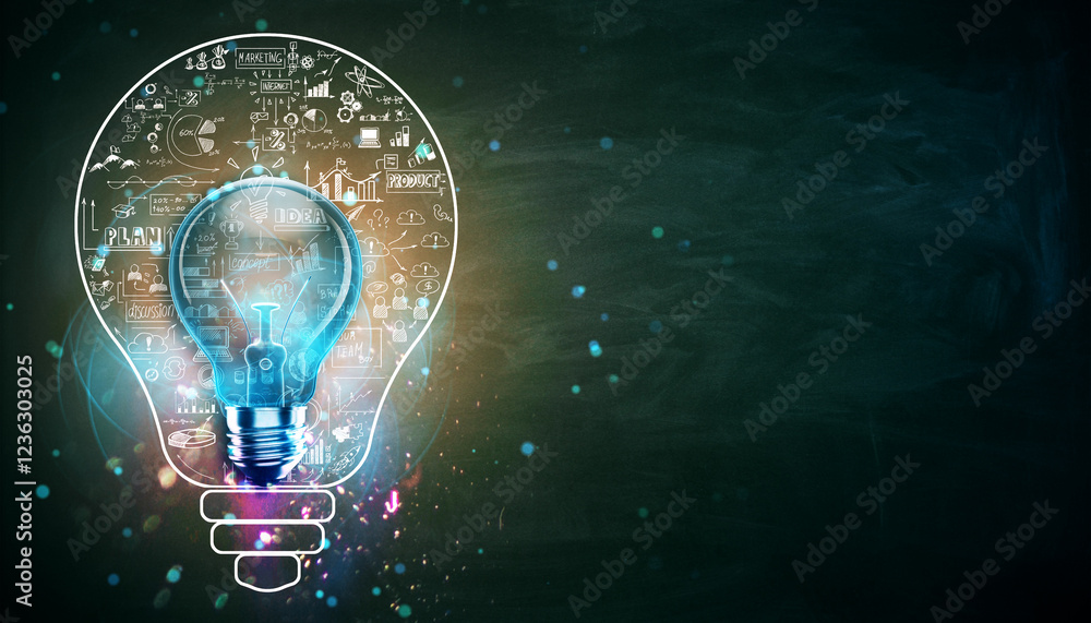 Poster Illuminated lightbulb with creative concept sketches on chalkboard. 3D Rendering