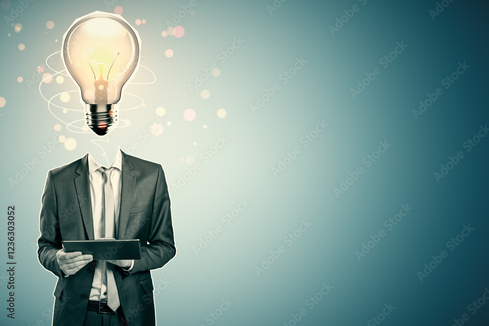 Poster businessman with lightbulb for head holding tablet on gradient background, representing ideas and in
