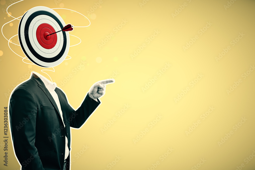 Poster conceptual image of businessperson with bullseye head pointing on yellow background.