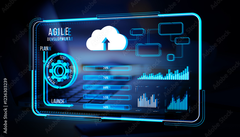 Poster Agile development interface with cloud graphic and data charts on glowing blue background.