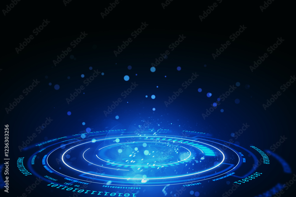 Fototapete Futuristic glowing blue digital interface with circular design on dark space background. 3D Rendering
