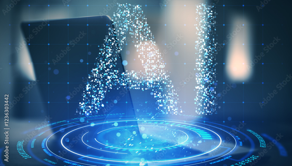 Poster ai text hologram with digital grid and glowing futuristic interface on dark background.