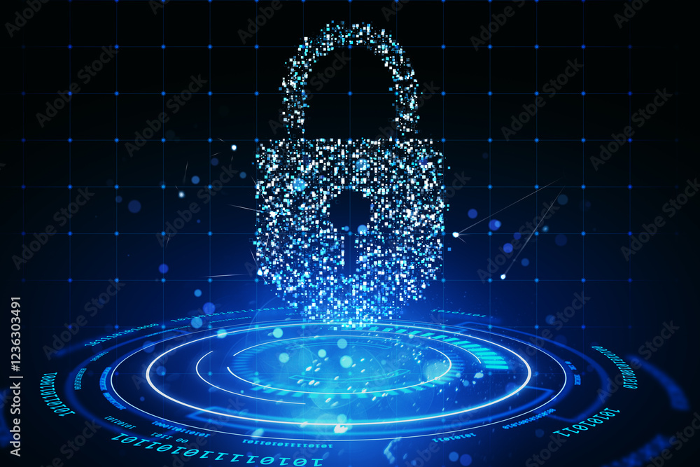 Poster glowing digital padlock hologram with blue neon effects on a dark virtual background. 3d rendering