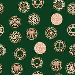 Seamless pattern ancient Slavic symbols. Star of the arkgamma, kolovrat, trixel, valknut, celtic cross and other Slavic symbol, decorated with ornament in a wreath of Scandinavian weaving