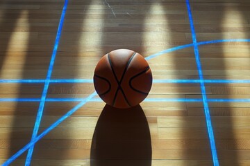 Futuristic Basketball on Court with Digital Trails