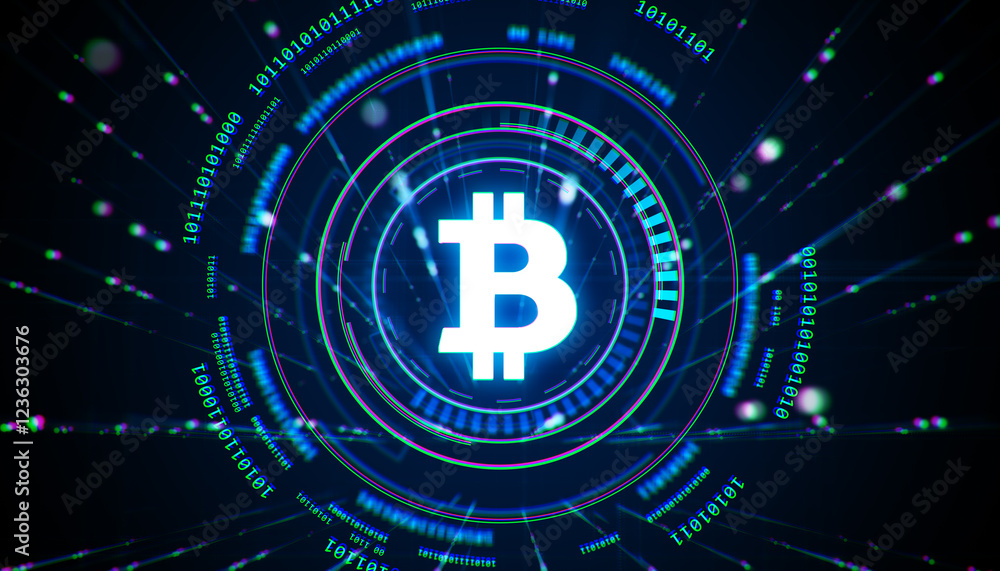 Aufkleber Bitcoin symbol with glowing neon design and binary code on futuristic digital background. 3D Rendering