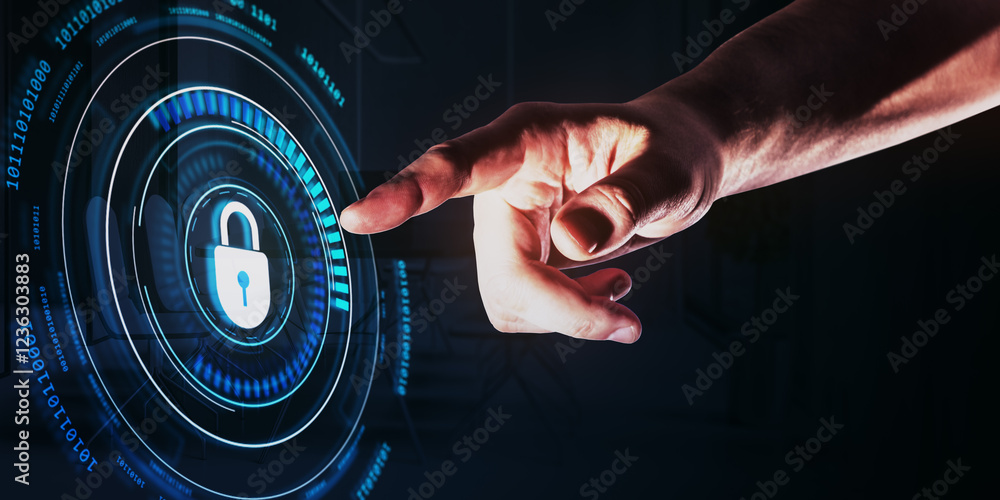 Poster cybersecurity concept with hand touching digital padlock on virtual holographic screen.