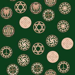 Seamless pattern ancient Slavic symbols. Star of the arkgamma, kolovrat, trixel, valknut, celtic cross and other Slavic symbol, decorated with ornament in a wreath of Scandinavian weaving