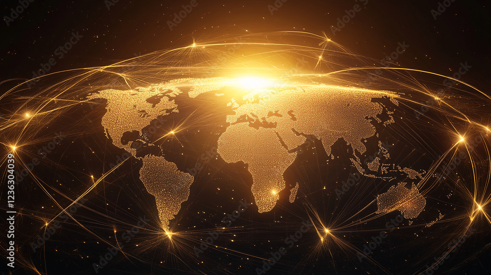 Poster a digital world map glowing with golden light trails, symbolizing global connectivity, communication