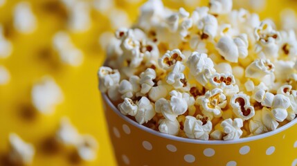 Delicious popcorn overflowing from a polka dot bowl on a vibrant yellow background