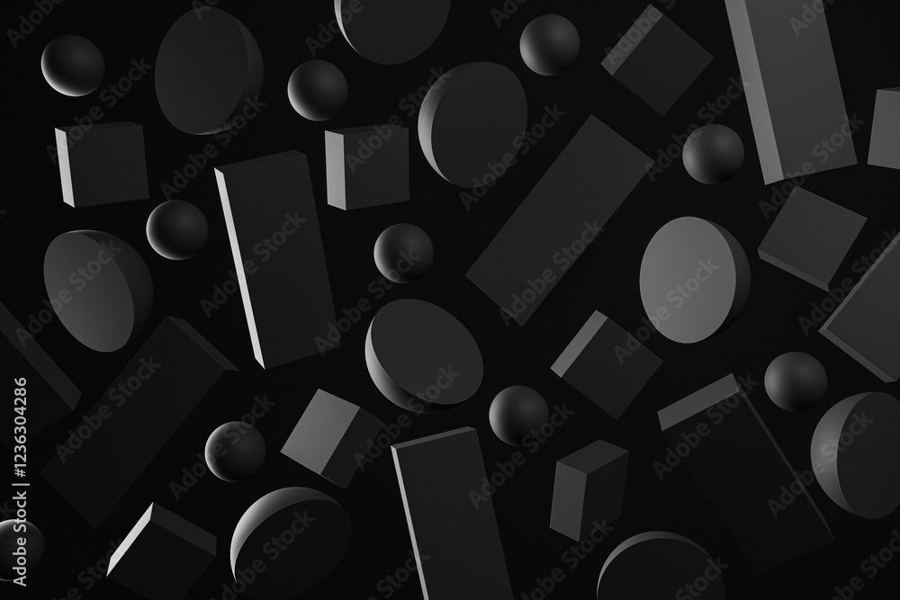 Aufkleber Dark geometric shapes on black background with 3D effect. 3D Rendering