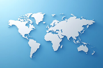 Naklejka premium A white world map cutout on a blue background, representing the concept of geography, global connections, or world exploration in a minimalistic style.