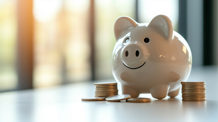 Photo of a simple white piggy bank on a minimalist desk with stacks of coins, representing saving money and financial planning.