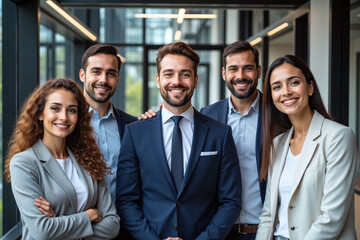five individuals standing in modern office corridor smiling group