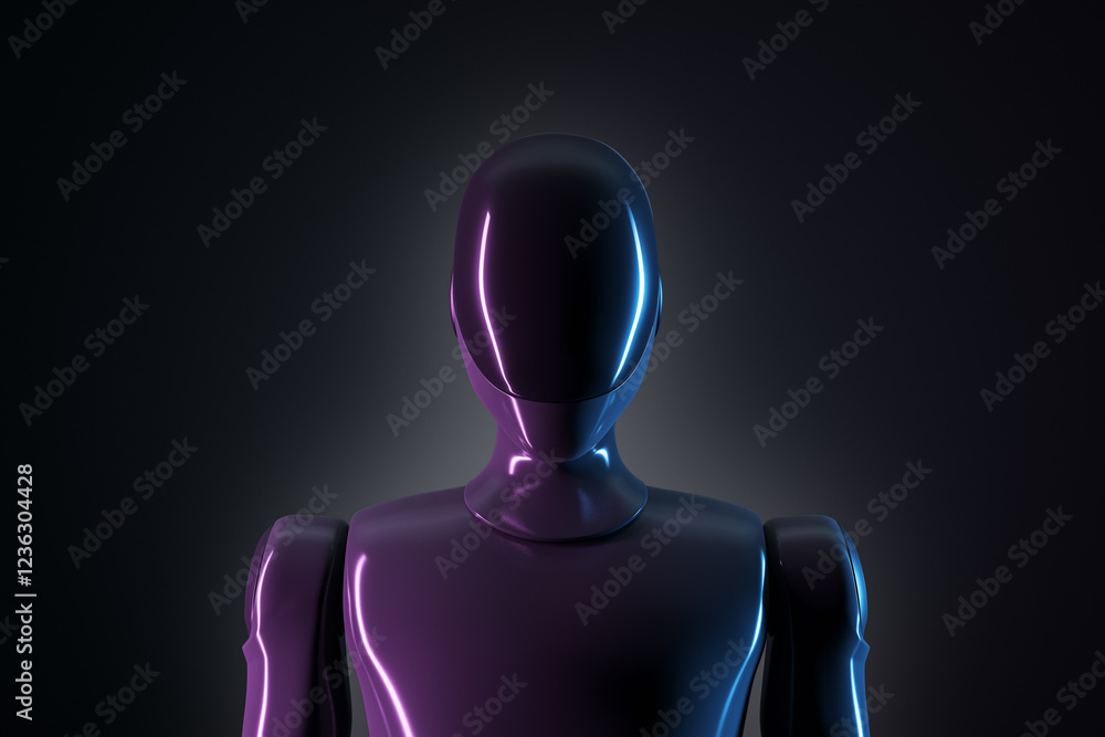 Poster Futuristic robot with sleek design and neon glow on dark background. 3D Rendering