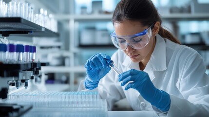 A woman in a lab coat is wearing blue gloves