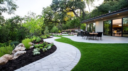 Winding patio path, modern house, lush garden, California. Landscape design