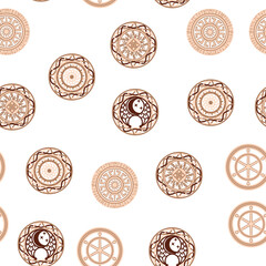 Seamless pattern ancient Slavic symbols. Star of the arkgamma, kolovrat, trixel, valknut, celtic cross and other Slavic symbol, decorated with ornament in a wreath of Scandinavian weaving