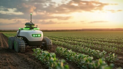 A robot moves through a lush green field during sunset, engaging in crop management. Its advanced technology aids in agriculture, promoting precision farming techniques.