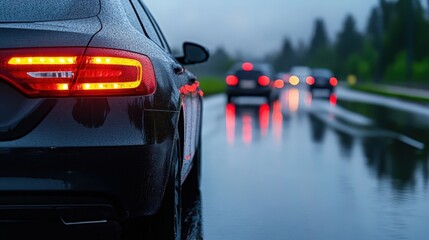 A black car is driving down a wet road with other cars in the background