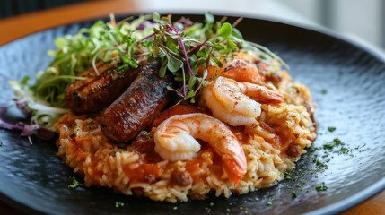 Fototapeta premium Risotto with shrimps and prawns on black plate. Jambalaya