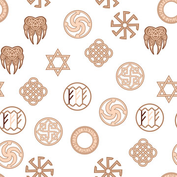 Seamless pattern ancient Slavic symbols. Star of the arkgamma, kolovrat, trixel, valknut, celtic cross and other Slavic symbol, decorated with ornament in a wreath of Scandinavian weaving