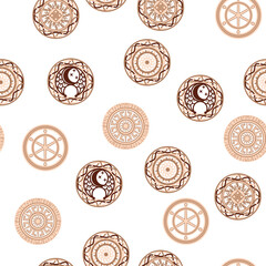 Seamless pattern ancient Slavic symbols. Star of the arkgamma, kolovrat, trixel, valknut, celtic cross and other Slavic symbol, decorated with ornament in a wreath of Scandinavian weaving