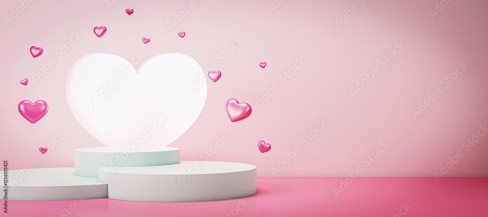 Poster heart podium on pink background with glowing heart and floating pink hearts. 3d rendering