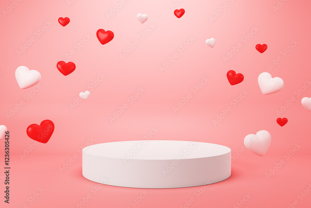 Poster romantic podium with floating red and white hearts on pink background. 3d rendering