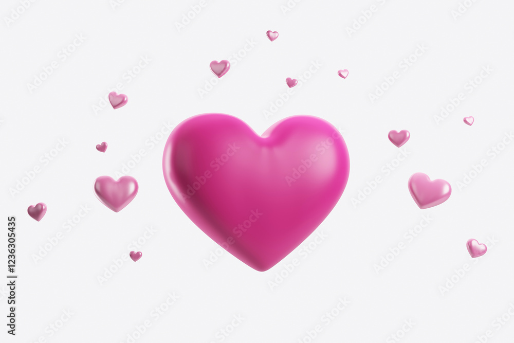 Poster pink hearts floating on white background. 3d rendering