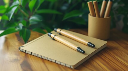 Eco-Friendly Notebooks and Bamboo Pens on Wooden Desk