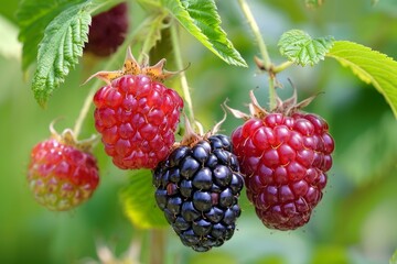 Close up of juicy red and black raspberries ripening on a branch, showcasing the beauty of nature's bounty