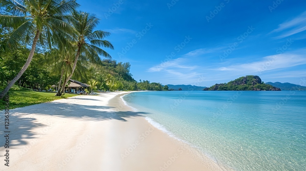 Poster palm trees swaying gently in the breeze, casting shadows on the pristine white sand, create a serene