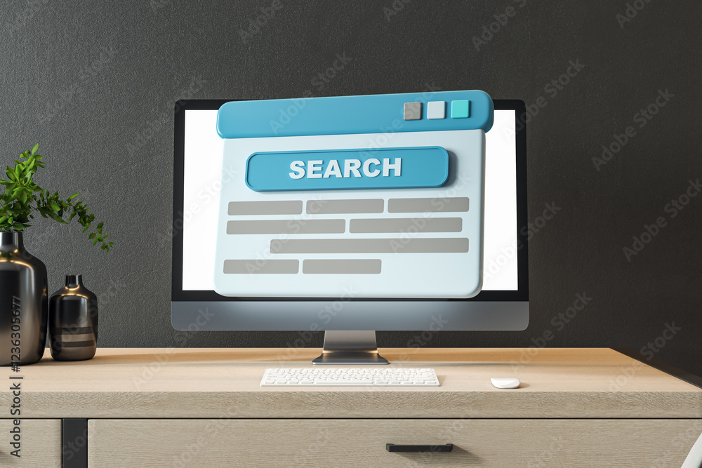 Poster Digital search interface concept displayed on desktop screen in modern workspace. 3D Rendering