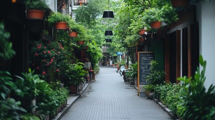 Fototapeta premium A narrow street lined with potted plants and trees