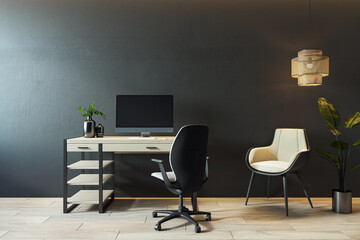 Modern home office with black wall, desk, and chairs. 3D Rendering