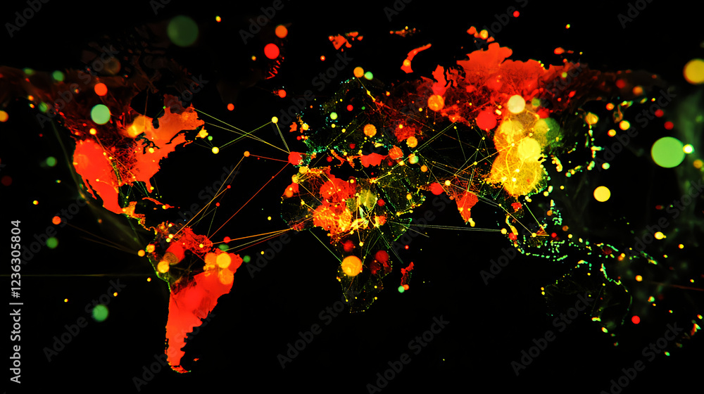Poster global connectivity network map world digital art abstract aerial view data visualization