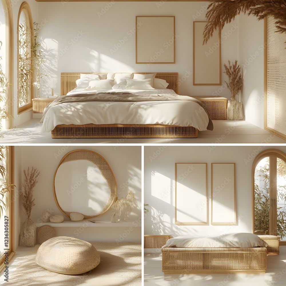Poster white coastalstyle bedroom interior mockup rattan furniture and empty frames captured from different