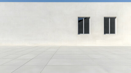 Fototapeta premium Two rectangular windows on a minimalist white stucco wall above a concrete tiled plaza under a clear blue sky.