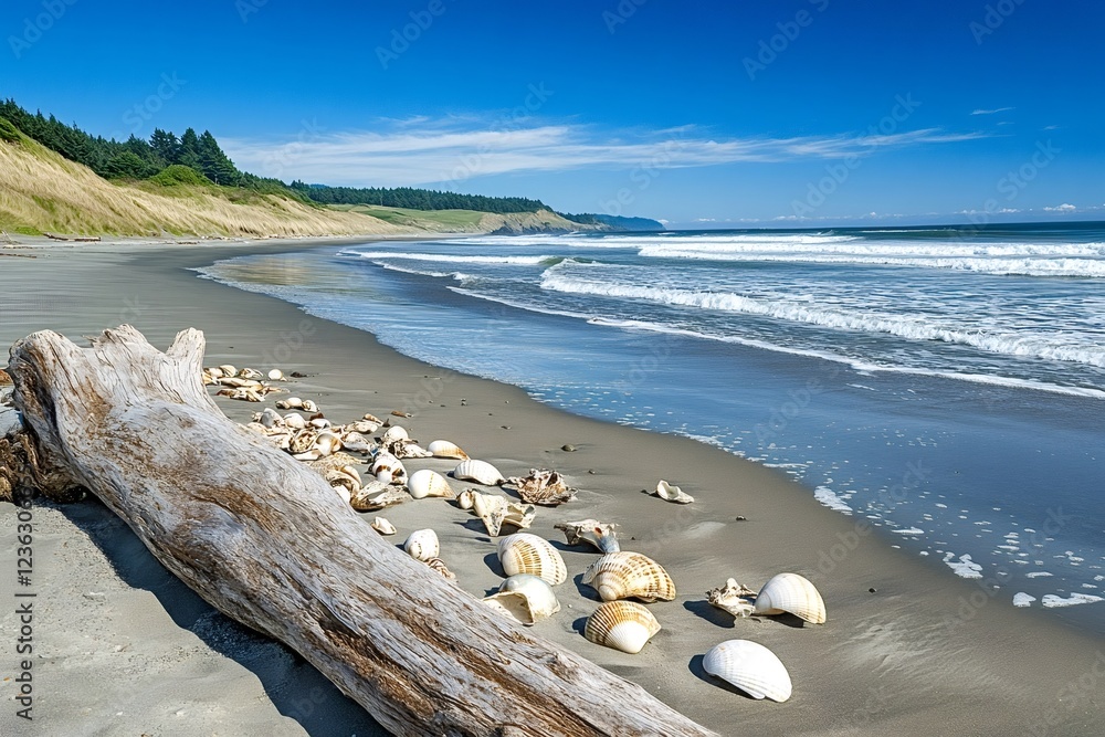 Poster gentle waves lap the shore, leaving behind an array of seashells scattered around a weathered driftw